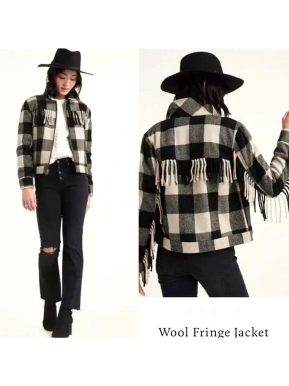 Lucky Brand Black & White Buffalo Plaid Check Fringe Wool Zip Up Jacket XSmall
